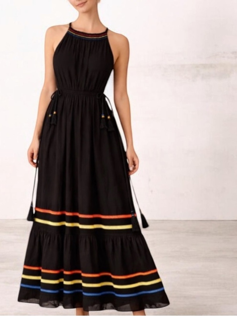 Joie Black Maxi Dress with Red, Yellow & Blue Trim